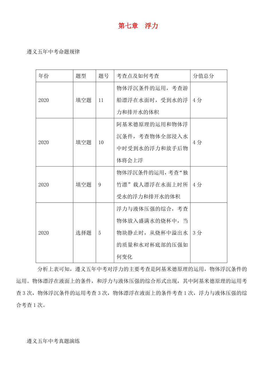 中考命題研究（遵義）2020中考物理 基礎知識梳理 第7章 浮力（無答案）_第1頁