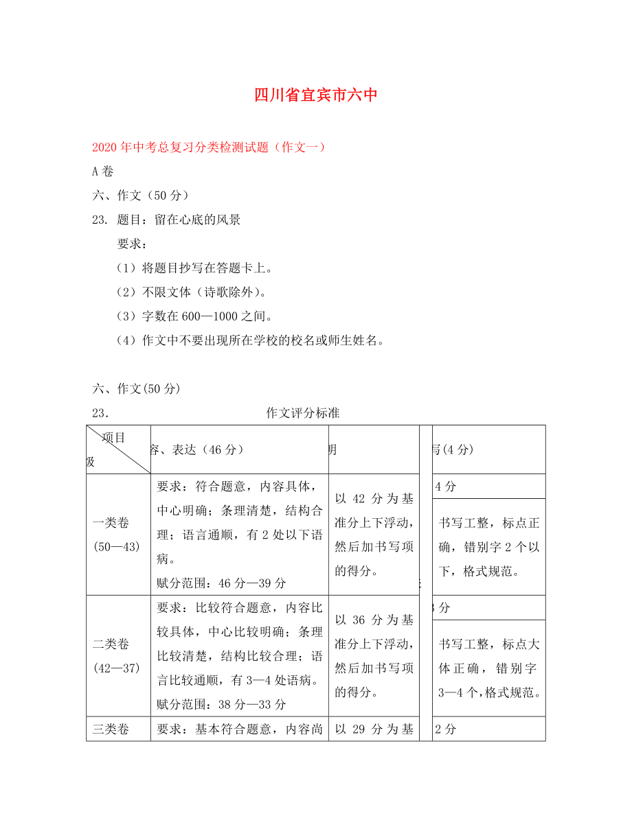 四川省宜賓市六中2020年中考語文總復習分類檢測試題 作文_第1頁