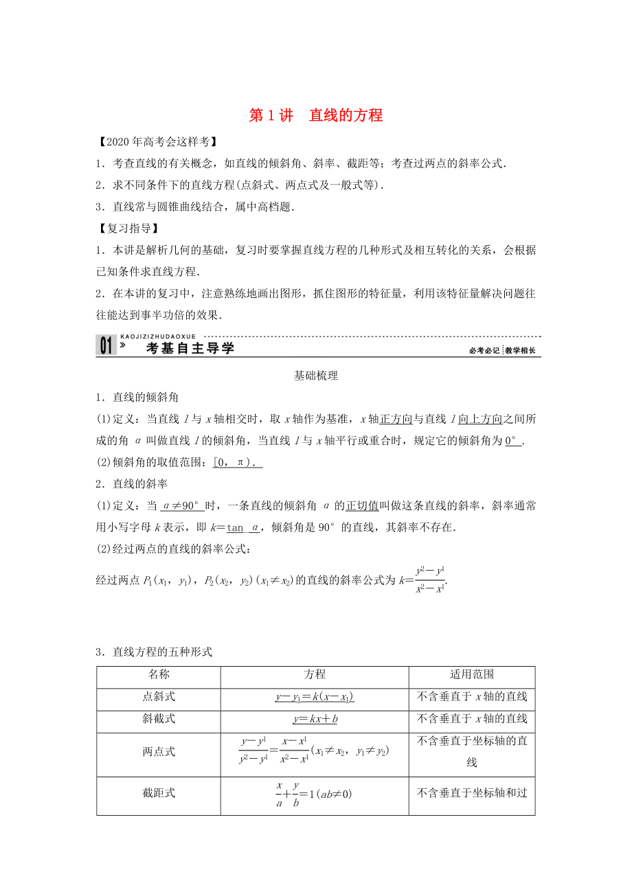 【創(chuàng)新方案】2020年高考數(shù)學一輪復習 第九篇 解析幾何 第1講　直線的方程教案 理 新人教版_第1頁