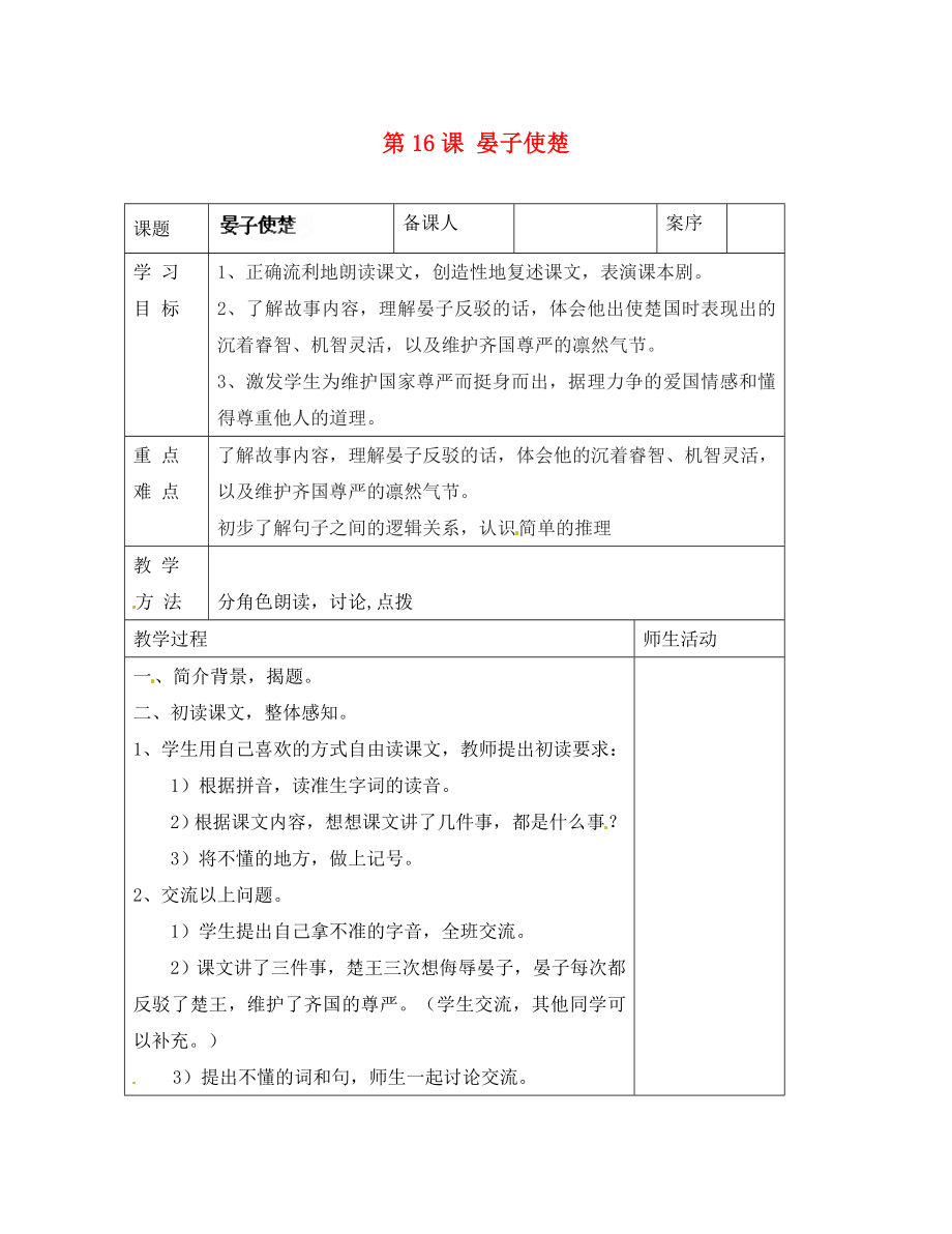 山東省淄博市臨淄區(qū)皇城鎮(zhèn)第二中學(xué)九年級語文上冊 第16課 晏子使楚導(dǎo)學(xué)案（無答案） 魯教版五四制_第1頁