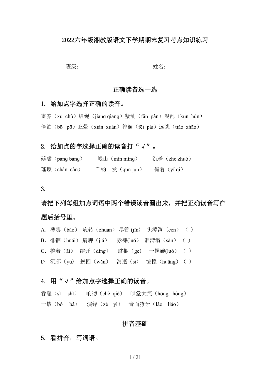 2022六年级湘教版语文下学期期末复习考点知识练习_第1页