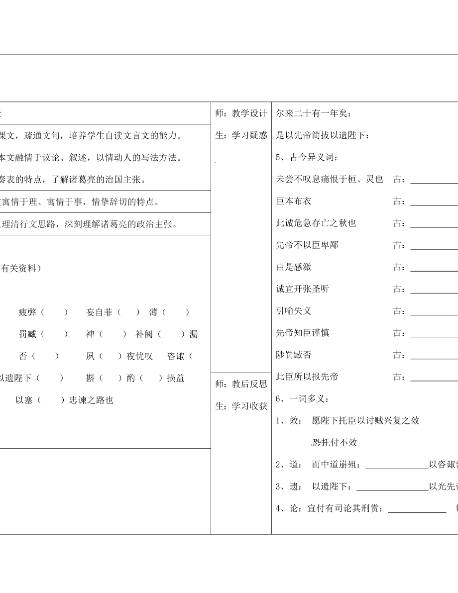 山西省柳林縣第一初級中學(xué)九年級語文上冊 第24課 出師表學(xué)案（無答案）（新版）新人教版_第1頁