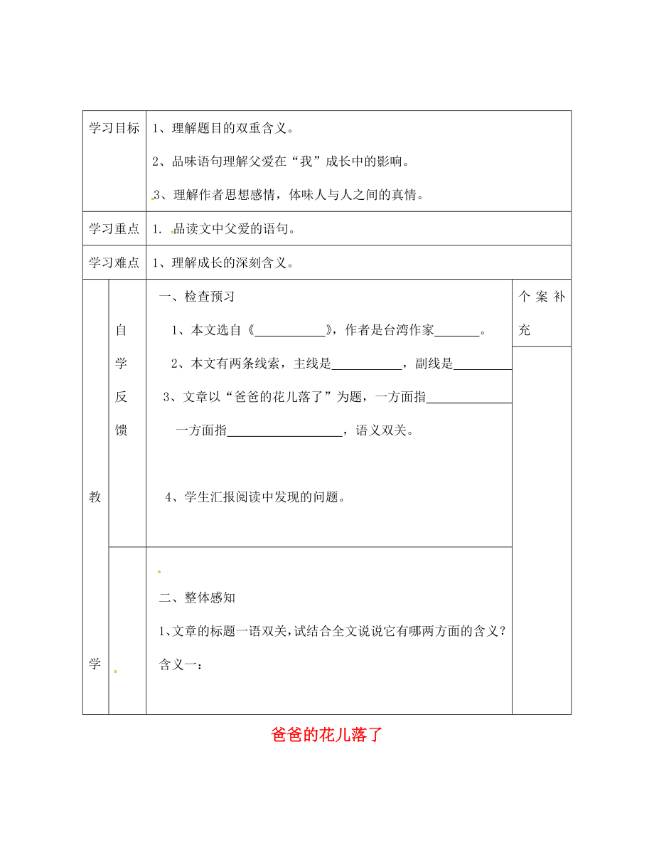 天津市葛沽第三中學(xué)2020學(xué)年七年級語文下冊 第2課 爸爸的花兒落了（第2課時(shí)）導(dǎo)學(xué)案（無答案） 新人教版_第1頁