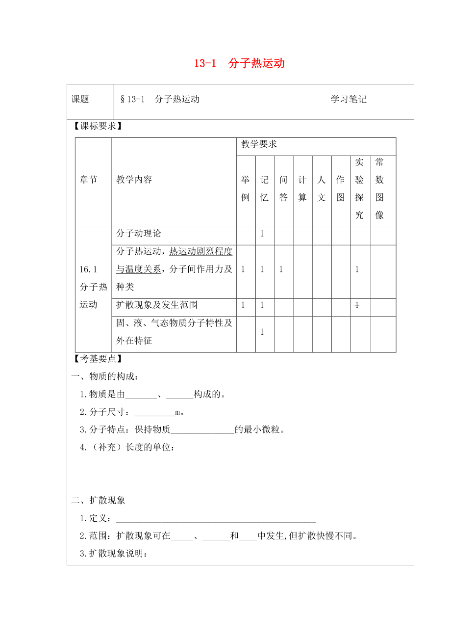 2020年九年級(jí)物理全冊(cè) 13.1 分子熱運(yùn)動(dòng)學(xué)習(xí)筆記（無(wú)答案）（新版）新人教版_第1頁(yè)