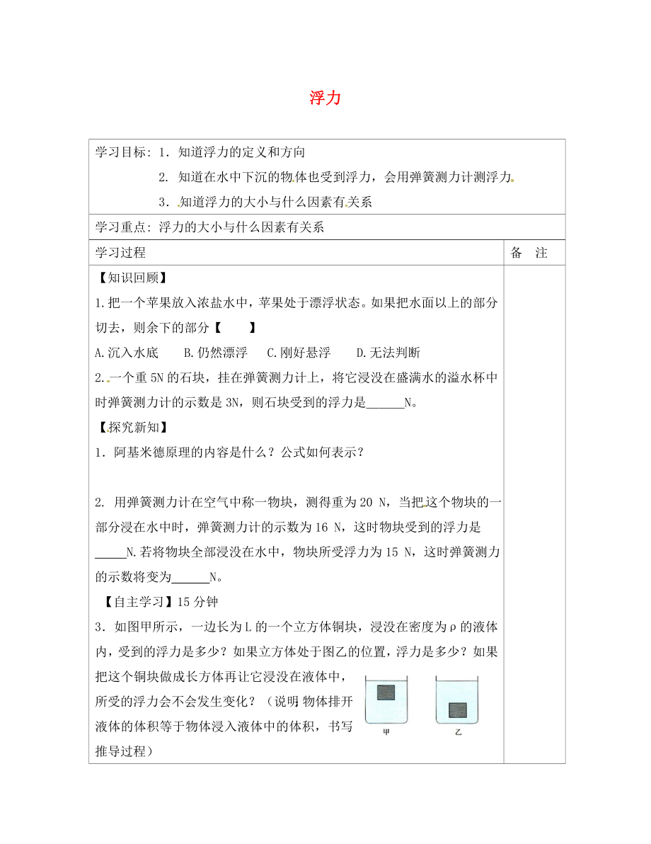 內蒙古鄂爾多斯康巴什新區(qū)第一中學八年級物理下冊 10.1 浮力（第2課時）導學案（無答案） （新版）新人教版_第1頁