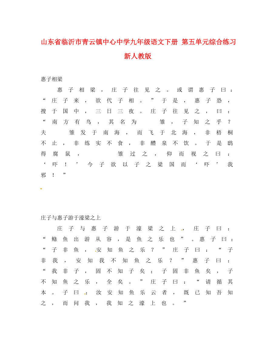 山东省临沂市青云镇中心中学九年级语文下册 第五单元综合练习（无答案） 新人教版（通用）_第1页