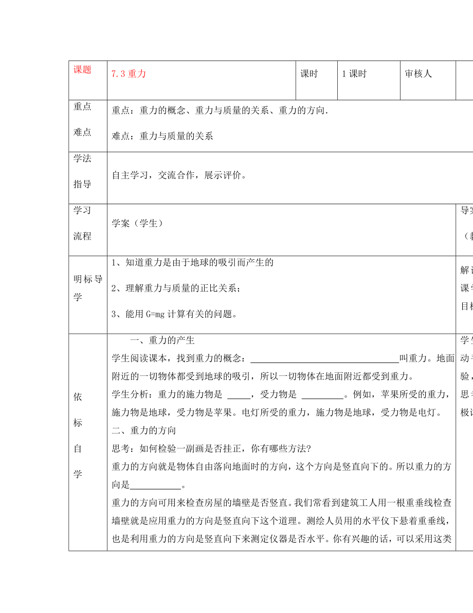 安徽省阜阳市太和县胡总中心学校八年级物理下册 7.3 重力导学案（无答案）（新版）新人教版_第1页