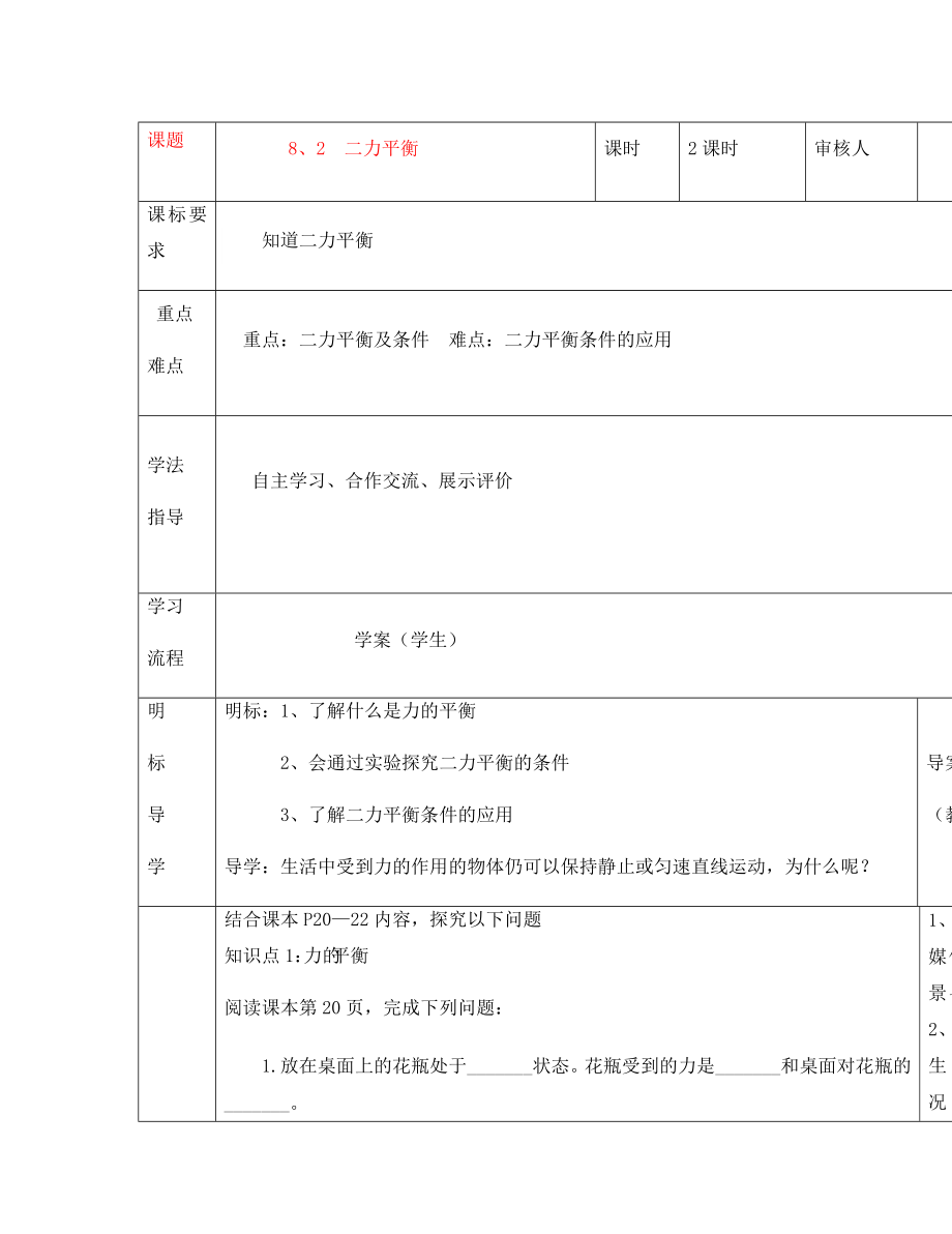 安徽省阜阳市太和县胡总中心学校八年级物理下册 8.2 二力平衡导学案（无答案）（新版）新人教版_第1页