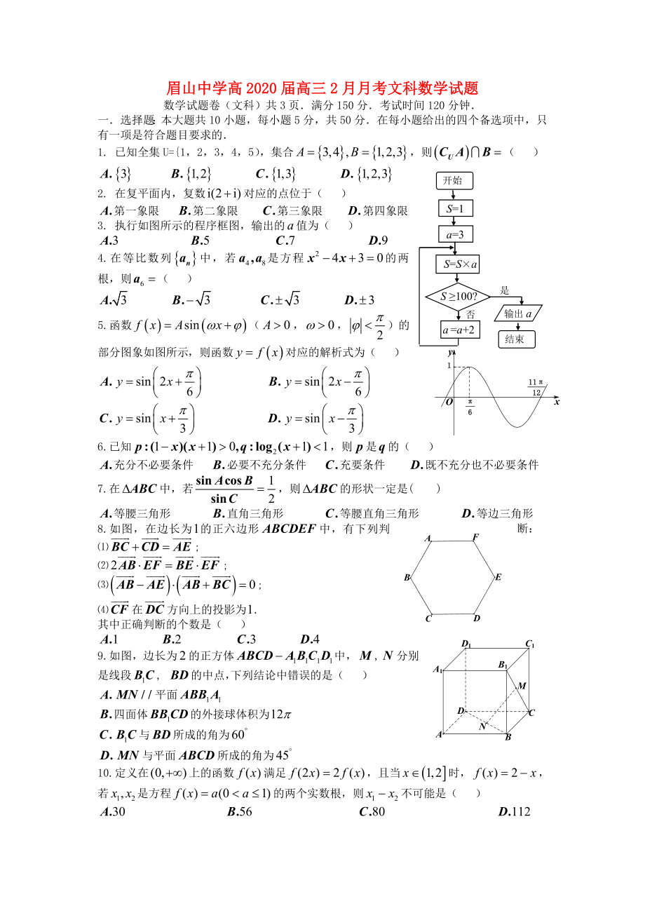 四川省眉山市东坡区眉山中学2020届高三数学2月月考试题 文（无答案）_第1页