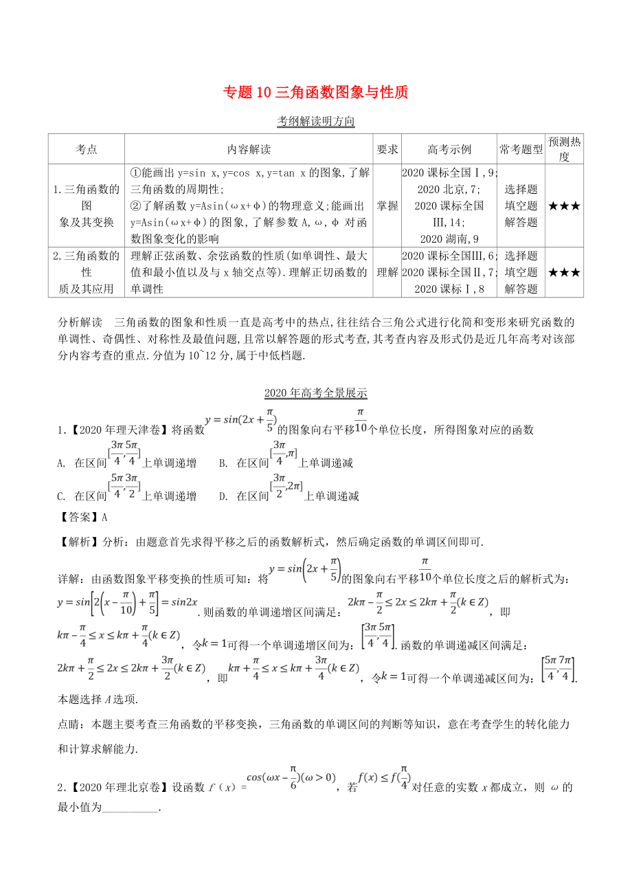 三年高考（2020）高考數(shù)學(xué)試題分項(xiàng)版解析 專題10 三角函數(shù)圖象與性質(zhì) 理（含解析）_第1頁