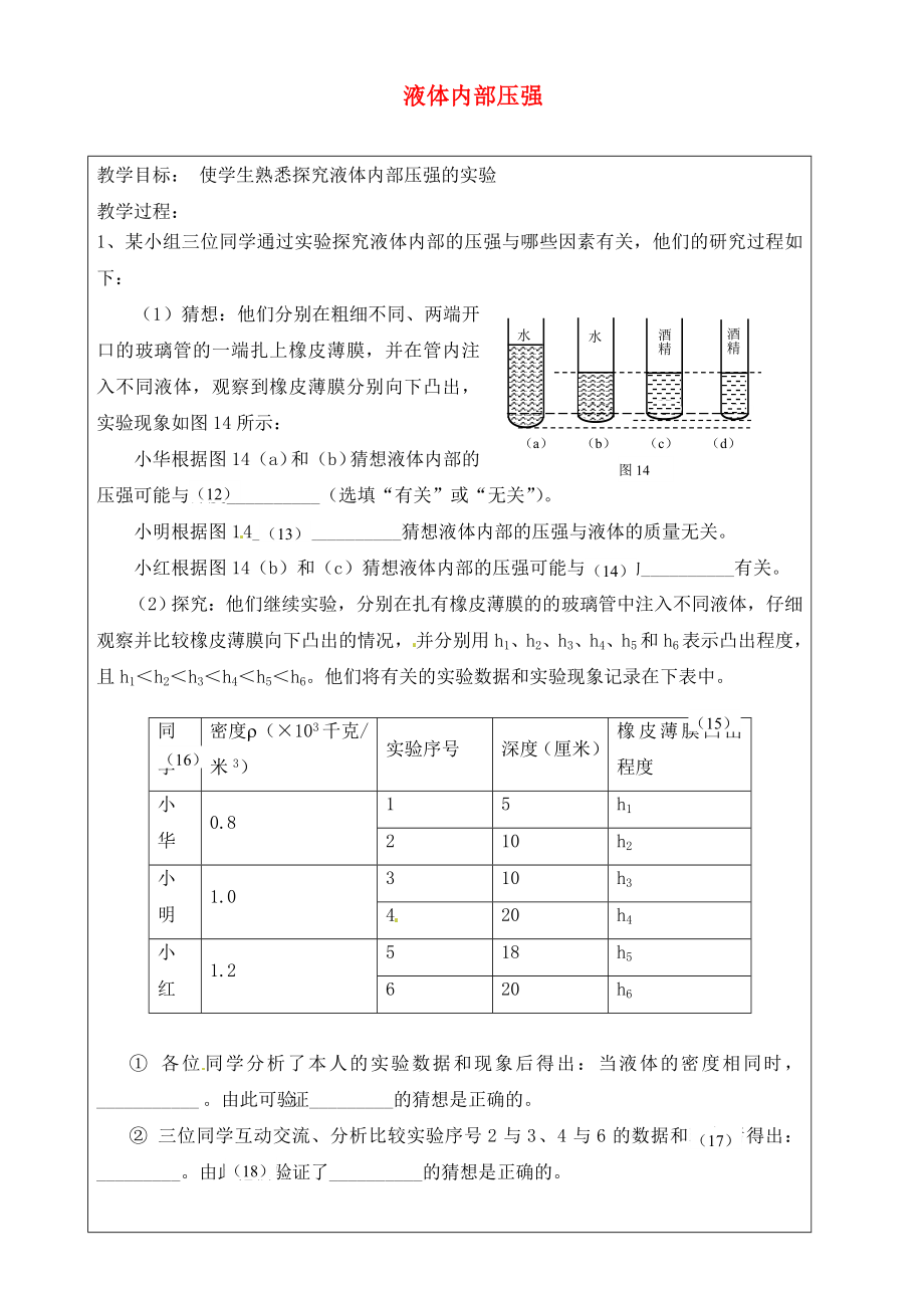 上海市羅涇中學(xué)2020屆九年級(jí)物理上冊(cè) 第4周 液體內(nèi)部壓強(qiáng)教學(xué)案2（無(wú)答案）_第1頁(yè)