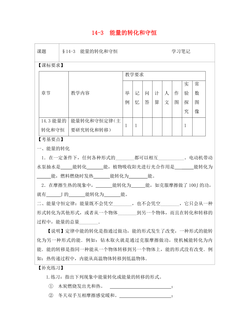 2020年九年級物理全冊 14.3 能量的轉(zhuǎn)化和守恒學(xué)習筆記（無答案）（新版）新人教版_第1頁