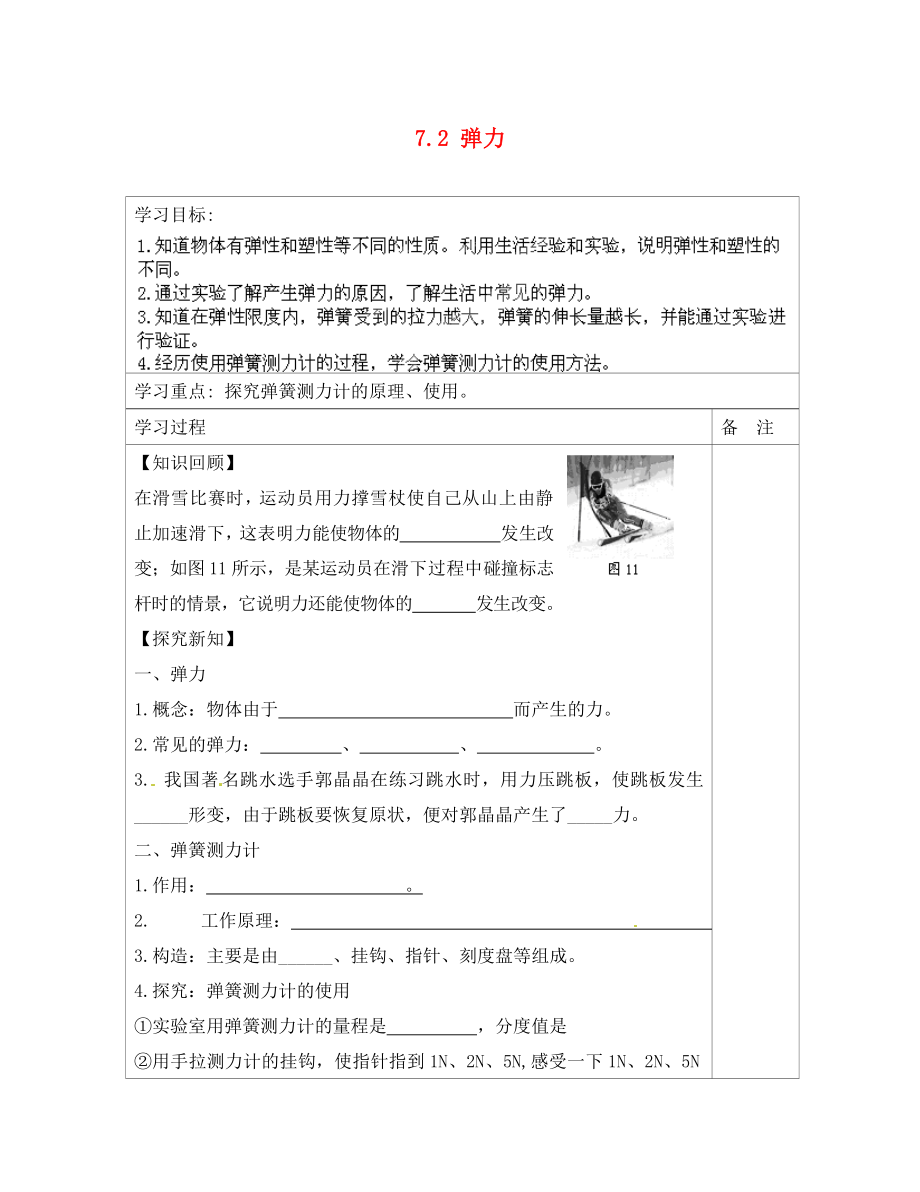 內(nèi)蒙古鄂爾多斯康巴什新區(qū)第一中學(xué)八年級物理下冊 7.2 彈力導(dǎo)學(xué)案（無答案）（新版）新人教版_第1頁