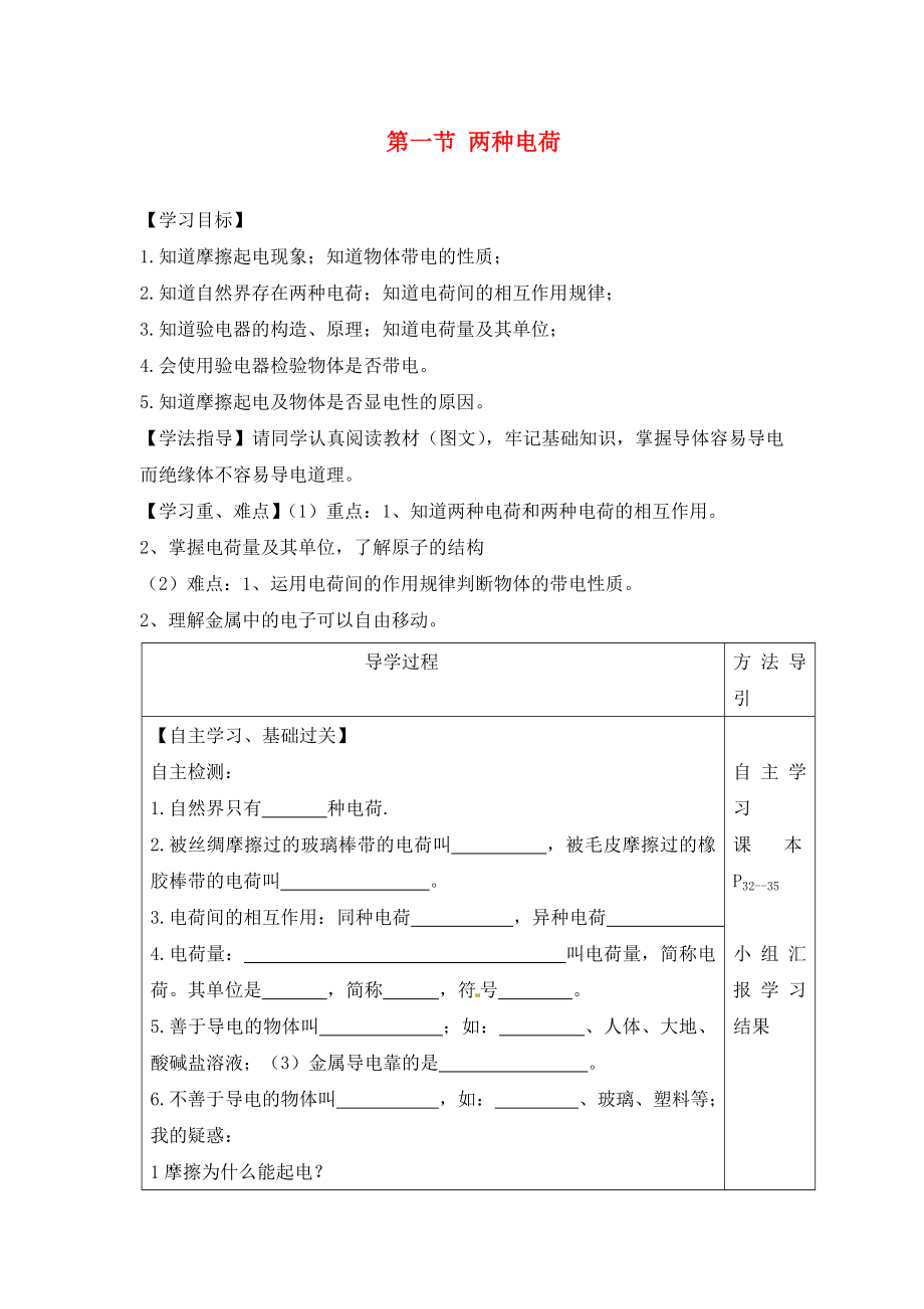 九年級物理全冊 第十五章 第一節(jié) 兩種電荷學(xué)案（無答案）（新版）新人教版_第1頁