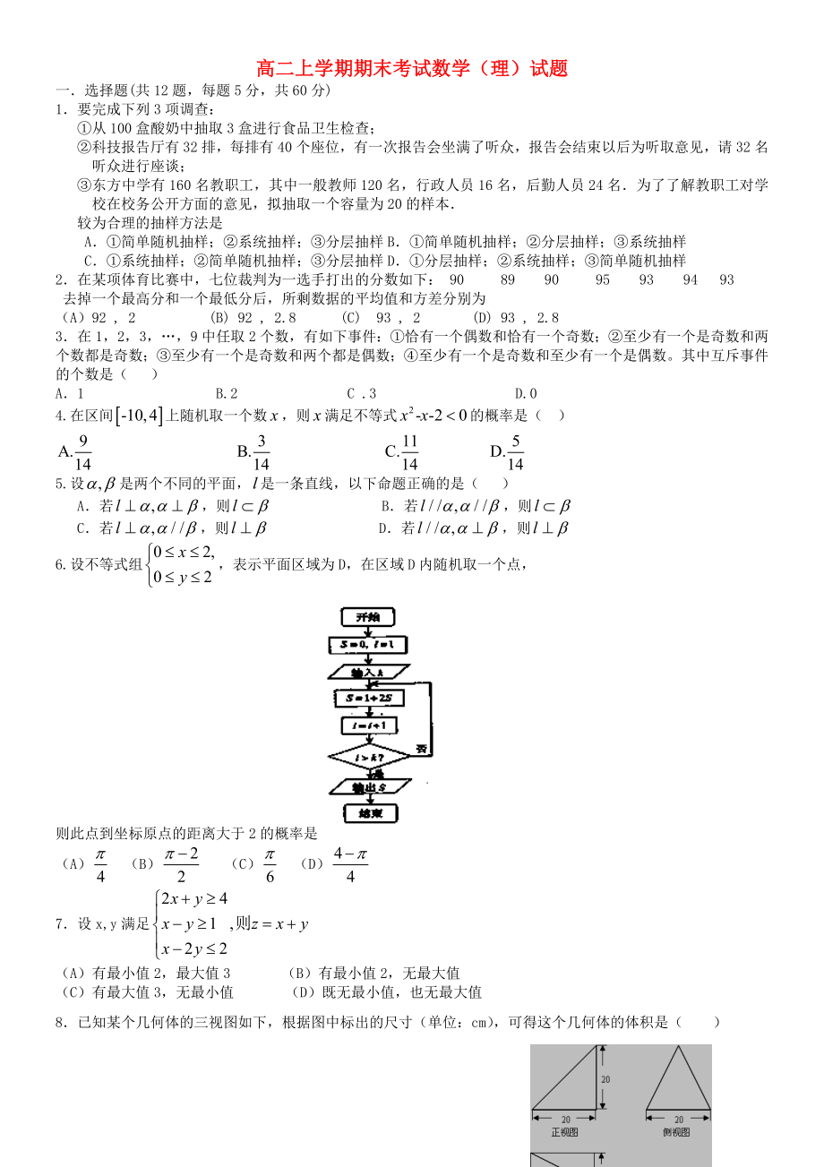 云南省祿勸彝族苗族自治縣第一中學(xué)2020學(xué)年高二數(shù)學(xué)上學(xué)期期末考試試題 理（無(wú)答案）新人教A版_第1頁(yè)