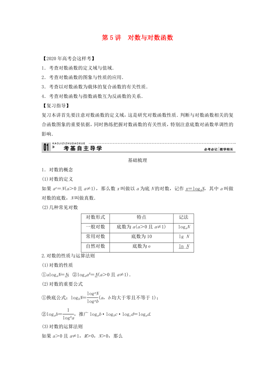 【創(chuàng)新方案】2020年高考數(shù)學(xué)一輪復(fù)習(xí) 第二篇 函數(shù)與基本初等函數(shù)Ⅰ第5講　對(duì)數(shù)與對(duì)數(shù)函數(shù)教案 理 新人教版_第1頁