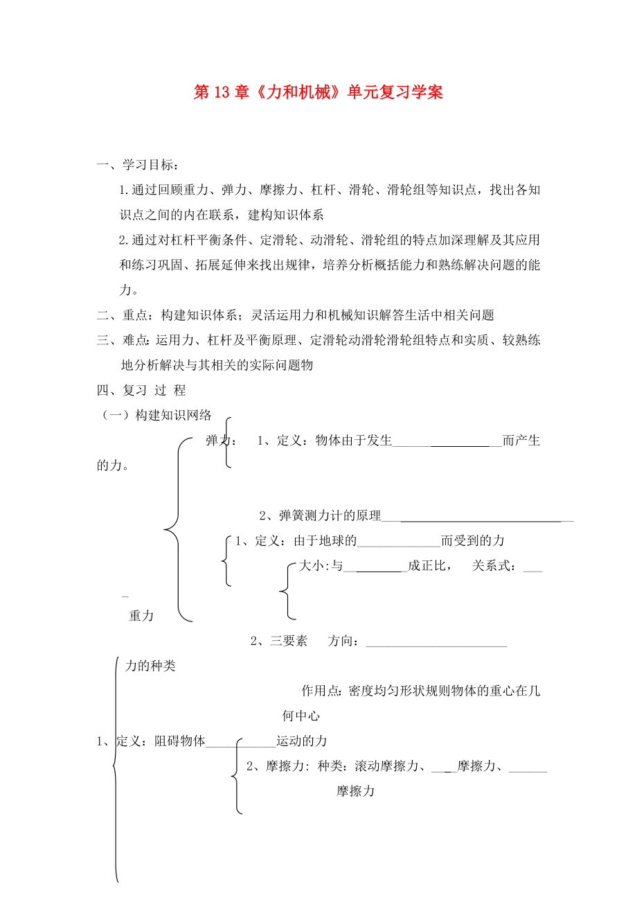 九年級物理 第13章第13章《力和機械》 單元復習學案 人教新課標版_第1頁