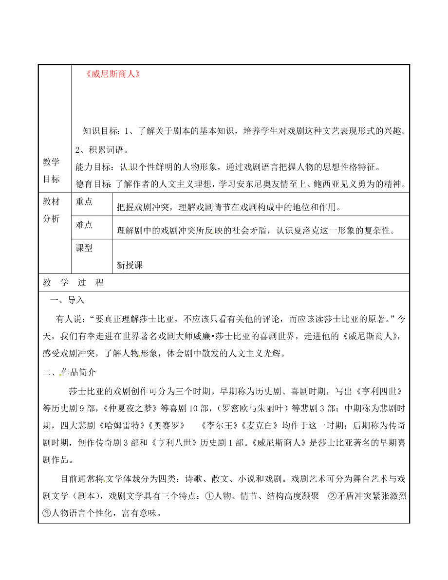 广东省东莞市黄冈理想学校九年级语文下册 第4单元 13《威尼斯商人》教案 新人教版_第1页