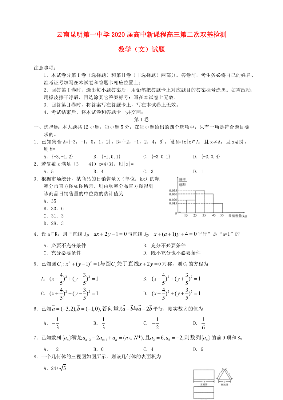 云南省昆明一中2020屆高三數(shù)學(xué)第二次雙基檢測(cè) 文（無(wú)答案）新人教A版_第1頁(yè)