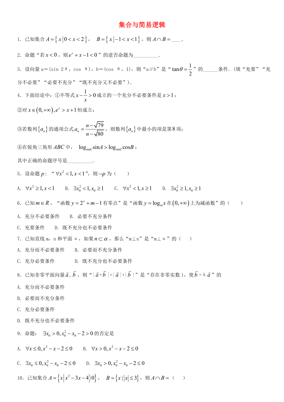 2020年高考數(shù)學三輪沖刺 專題 集合與簡易邏輯練習題（無答案）理_第1頁