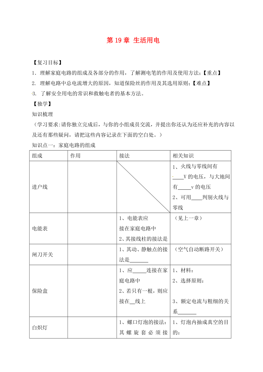 四川宜賓縣雙龍鎮(zhèn)初級(jí)中學(xué)校九年級(jí)物理全冊(cè) 第19章 生活用電復(fù)習(xí)學(xué)案（無(wú)答案）（新版）新人教版_第1頁(yè)