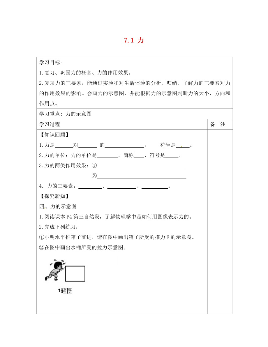 內(nèi)蒙古鄂爾多斯康巴什新區(qū)第一中學(xué)八年級(jí)物理下冊(cè) 7.1 力導(dǎo)學(xué)案2（無答案）（新版）新人教版_第1頁(yè)