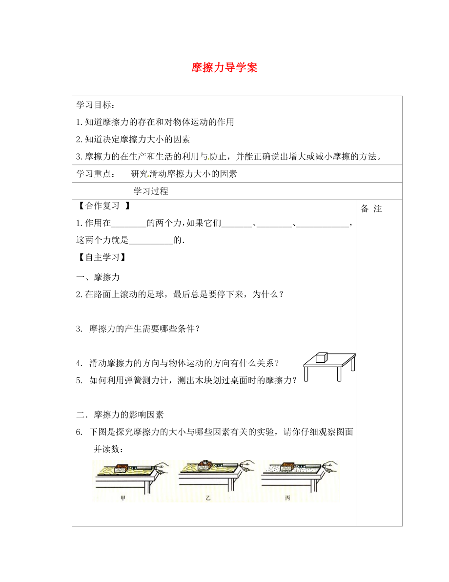 內蒙古鄂爾多斯康巴什新區(qū)第一中學八年級物理下冊 8.3 摩擦力導學案（無答案） （新版）新人教版_第1頁