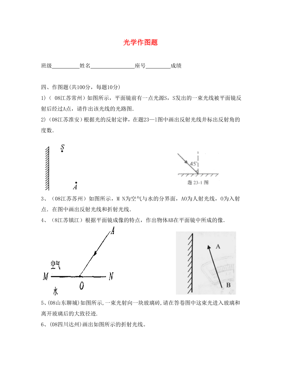 【決勝】八年級(jí)物理專題指導(dǎo) 光學(xué)作圖（無答案）_第1頁