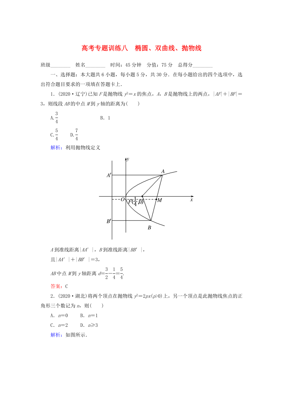 2020高考數(shù)學(xué) 專題練習(xí) 八 橢圓、雙曲線、拋物線 文_第1頁