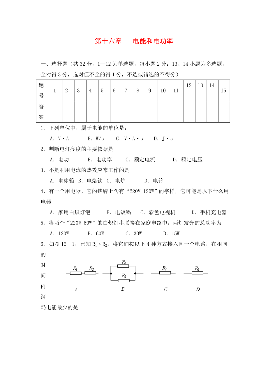 2020屆九年級(jí)物理下冊(cè)《電能和電功率》同步練習(xí)1 滬粵版_第1頁(yè)