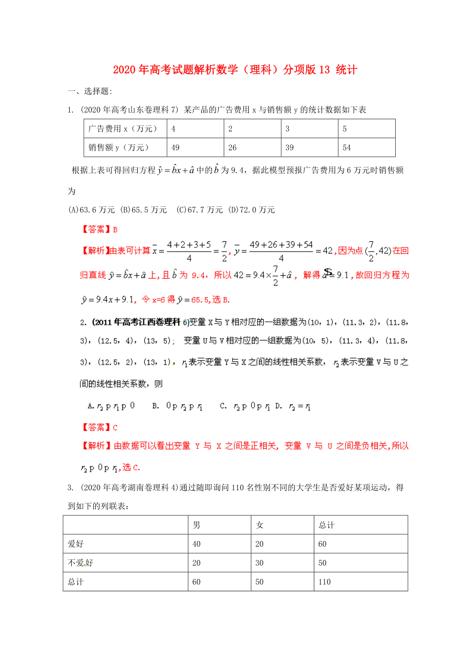 2020年高考數(shù)學(xué)試題解析分項(xiàng)版 專題13 統(tǒng)計(jì) 理_第1頁