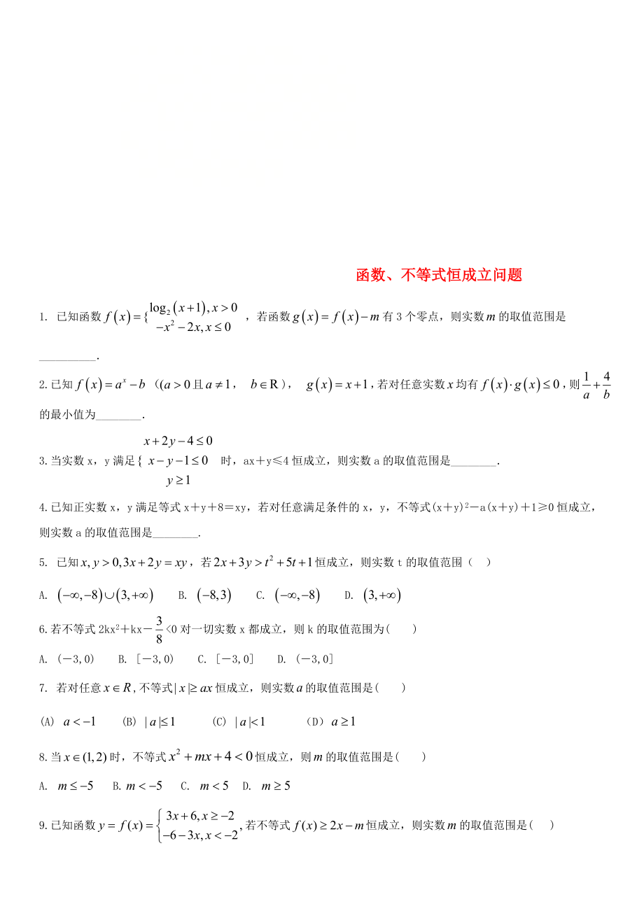 2020年高考數(shù)學(xué)三輪沖刺 專題 函數(shù)、不等式恒成立問(wèn)題練習(xí)題（無(wú)答案）理_第1頁(yè)