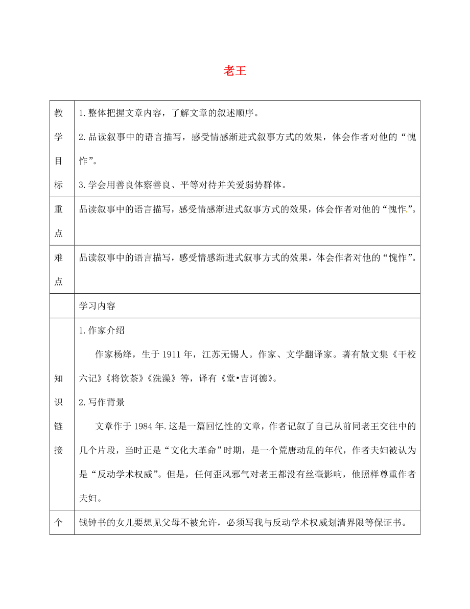 天津市濱海新區(qū)七年級語文下冊 第三單元 10老王導(dǎo)學(xué)案（無答案） 新人教版（通用）_第1頁