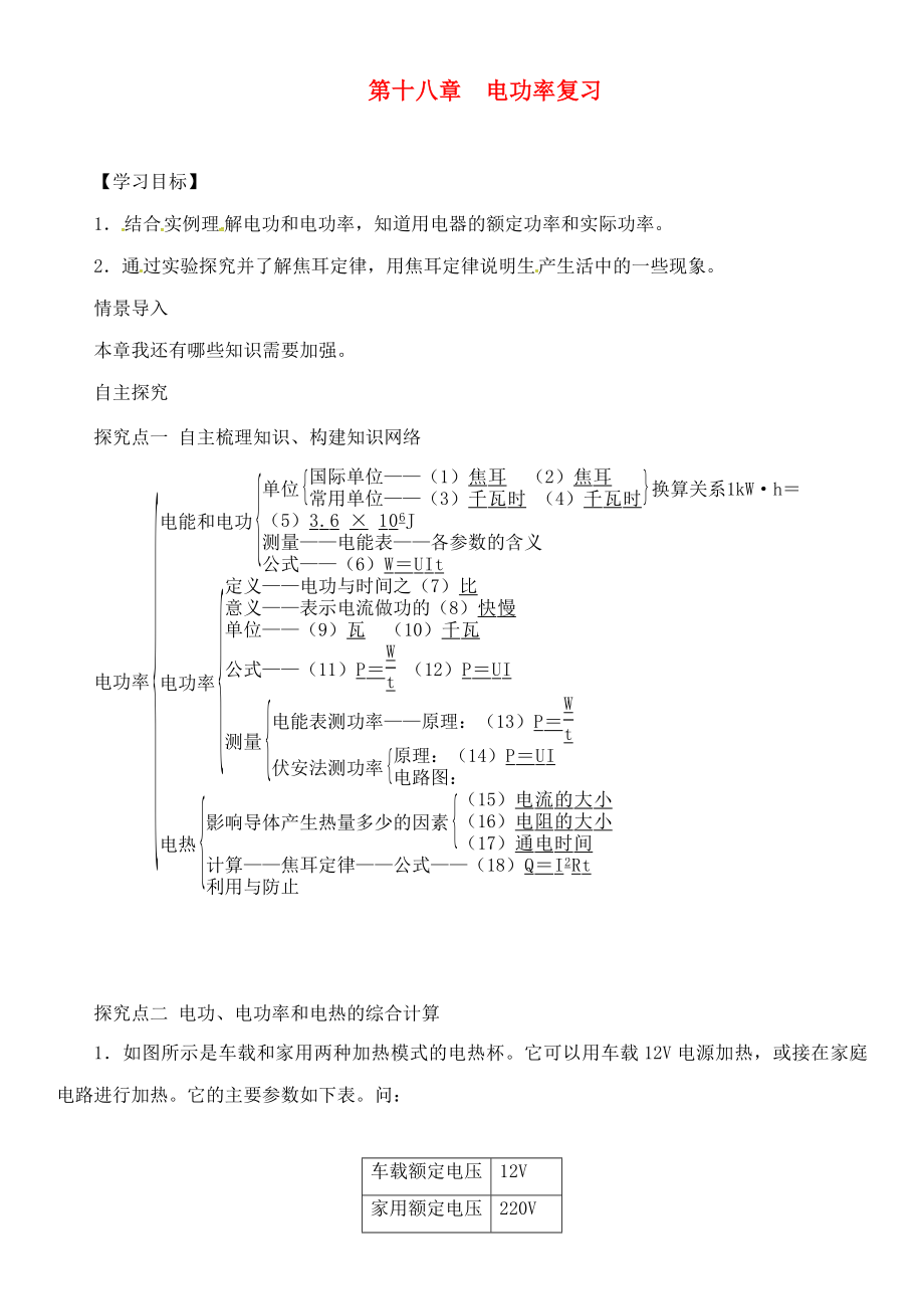 九年級(jí)物理全冊(cè) 第十八章 電功率復(fù)習(xí)導(dǎo)學(xué)案（無(wú)答案）（新版）新人教版（通用）_第1頁(yè)