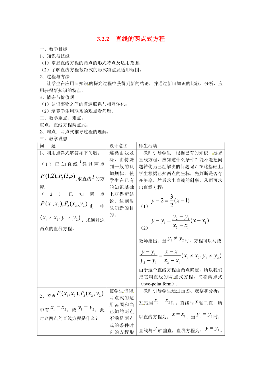 山東省招遠(yuǎn)市第二中學(xué)高中數(shù)學(xué) 3.2.2直線(xiàn)的兩點(diǎn)式方程教案 新人教版必修2_第1頁(yè)