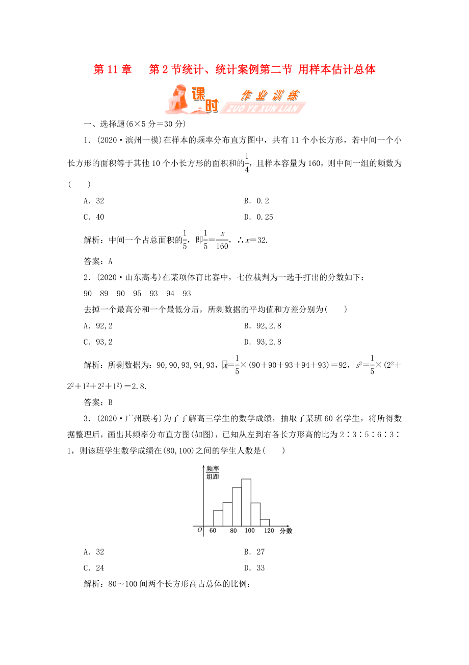 【第一方案】高三數(shù)學一輪復習 第十一章 統(tǒng)計、統(tǒng)計案例第二節(jié) 用樣本估計總體練習_第1頁