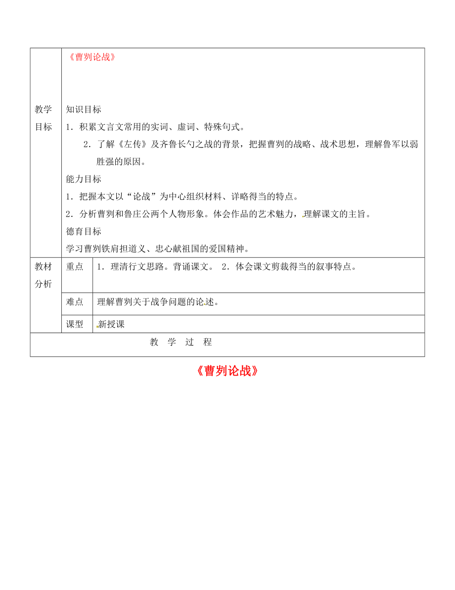 广东省东莞市黄冈理想学校九年级语文下册 第6单元 21《曹刿论战》教案 新人教版_第1页