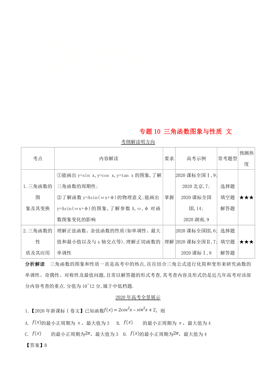 三年高考（2020）高考數(shù)學(xué)試題分項(xiàng)版解析 專題10 三角函數(shù)圖象與性質(zhì) 文（含解析）_第1頁(yè)