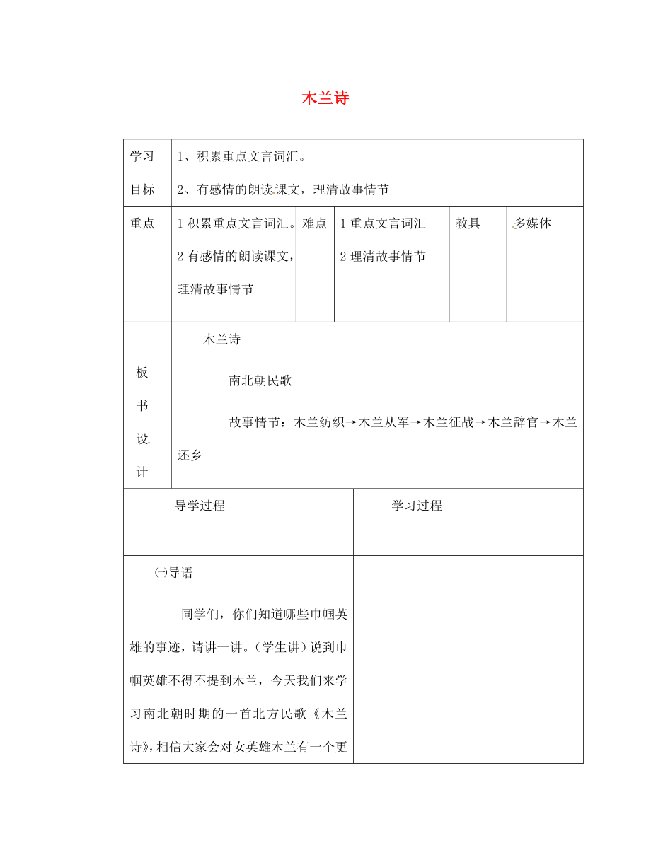 山東省臨沂市蒙陰縣第四中學(xué)七年級(jí)語(yǔ)文下冊(cè) 第10課《木蘭詩(shī)》（第1課時(shí)）導(dǎo)學(xué)案（無(wú)答案） 新人教版_第1頁(yè)