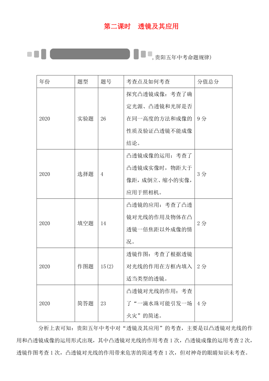 中考命題研究（貴陽）2020中考物理 教材知識梳理 第2課時 透鏡及其應(yīng)用（無答案）_第1頁