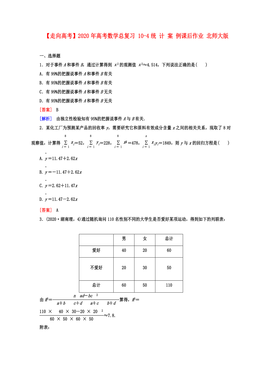 【走向高考】2020年高考數(shù)學(xué)總復(fù)習(xí) 10-4統(tǒng) 計(jì) 案 例課后作業(yè) 北師大版_第1頁(yè)