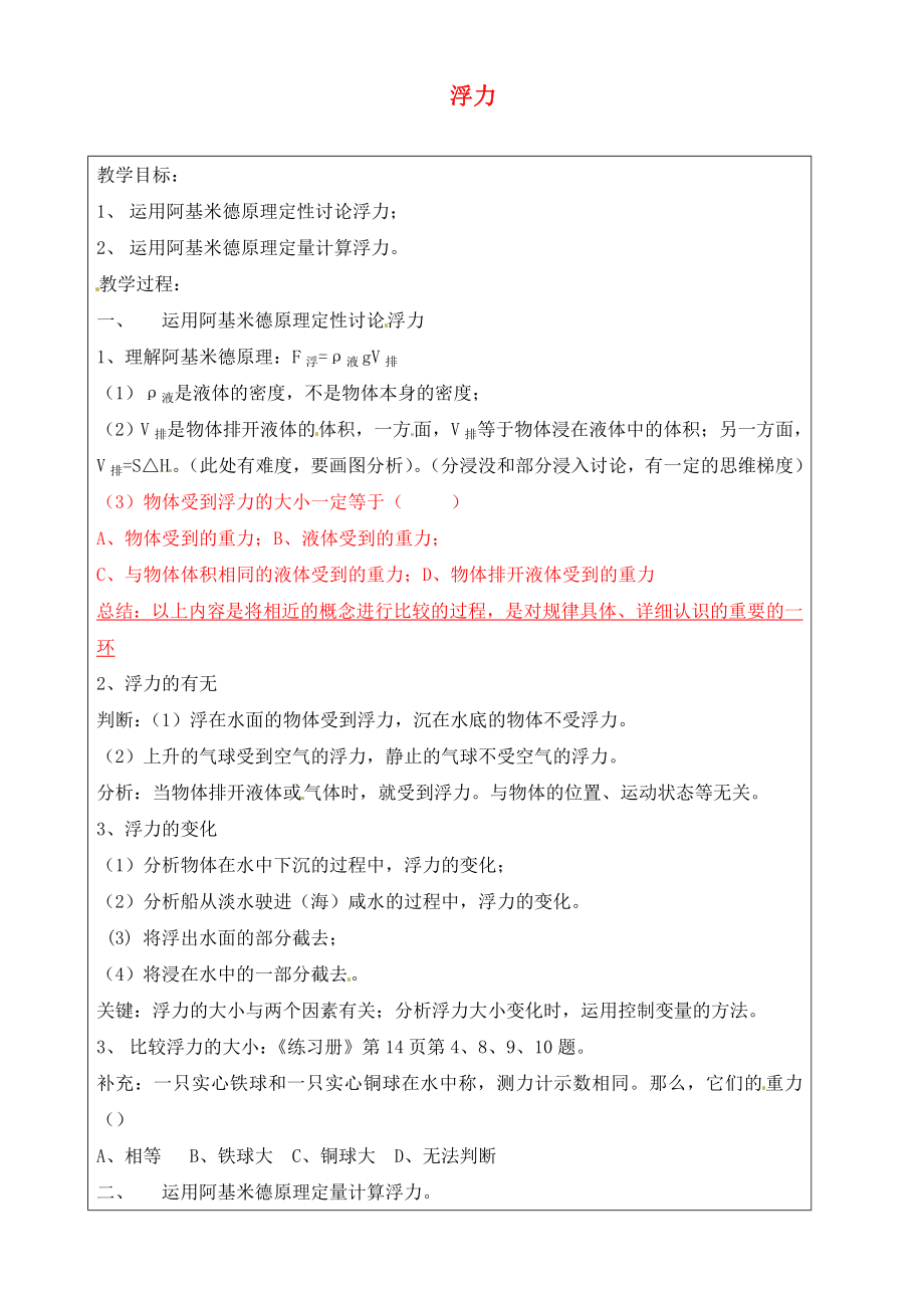 上海市羅涇中學(xué)2020屆九年級(jí)物理上冊(cè) 第6周 浮力教學(xué)案2（無答案）_第1頁