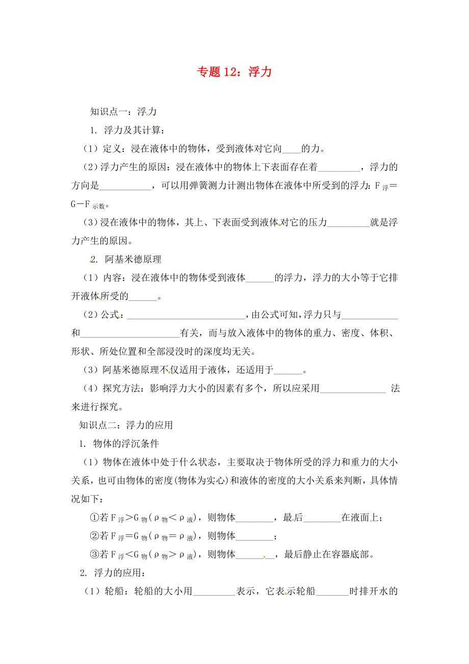 2020年中考物理一輪復(fù)習(xí) 專題突破12 浮力練習(xí)（無答案） 新人教版_第1頁