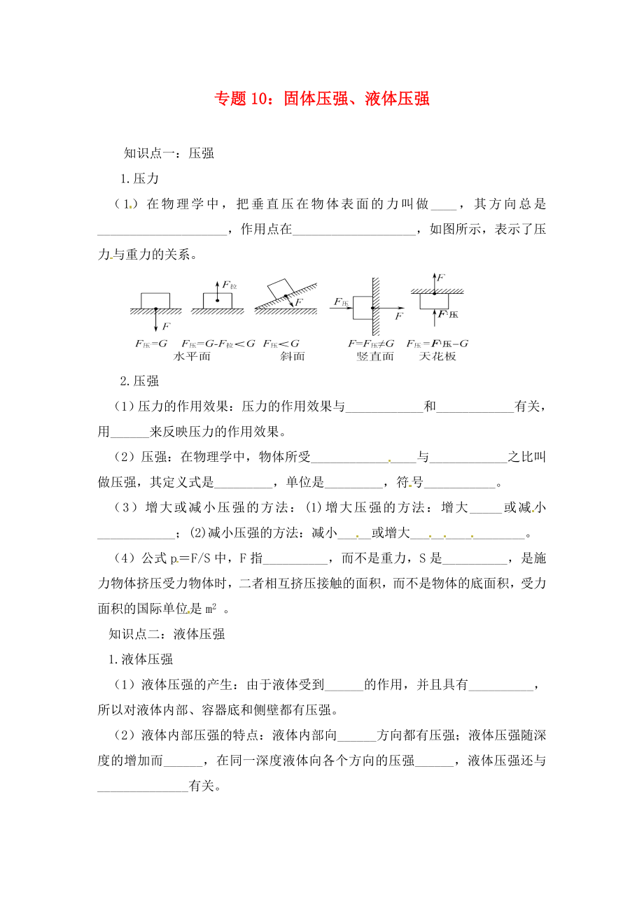 2020年中考物理一輪復習 專題突破10 固體壓強、液體壓強練習（無答案） 新人教版_第1頁