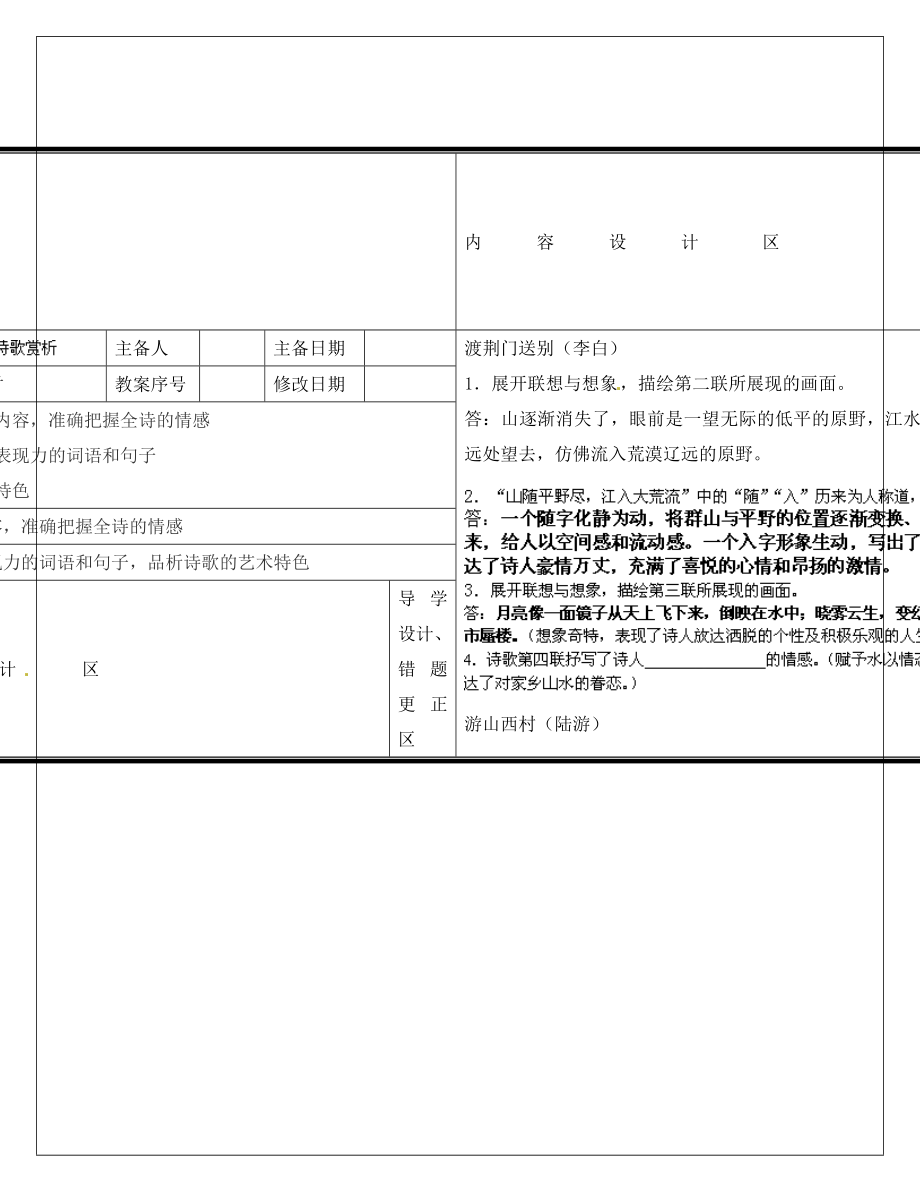 山東省淄博淄川區(qū)磁村鎮(zhèn)中學(xué)2020屆中考語(yǔ)文一輪復(fù)習(xí) 七下 詩(shī)歌賞析學(xué)案（無(wú)答案）_第1頁(yè)