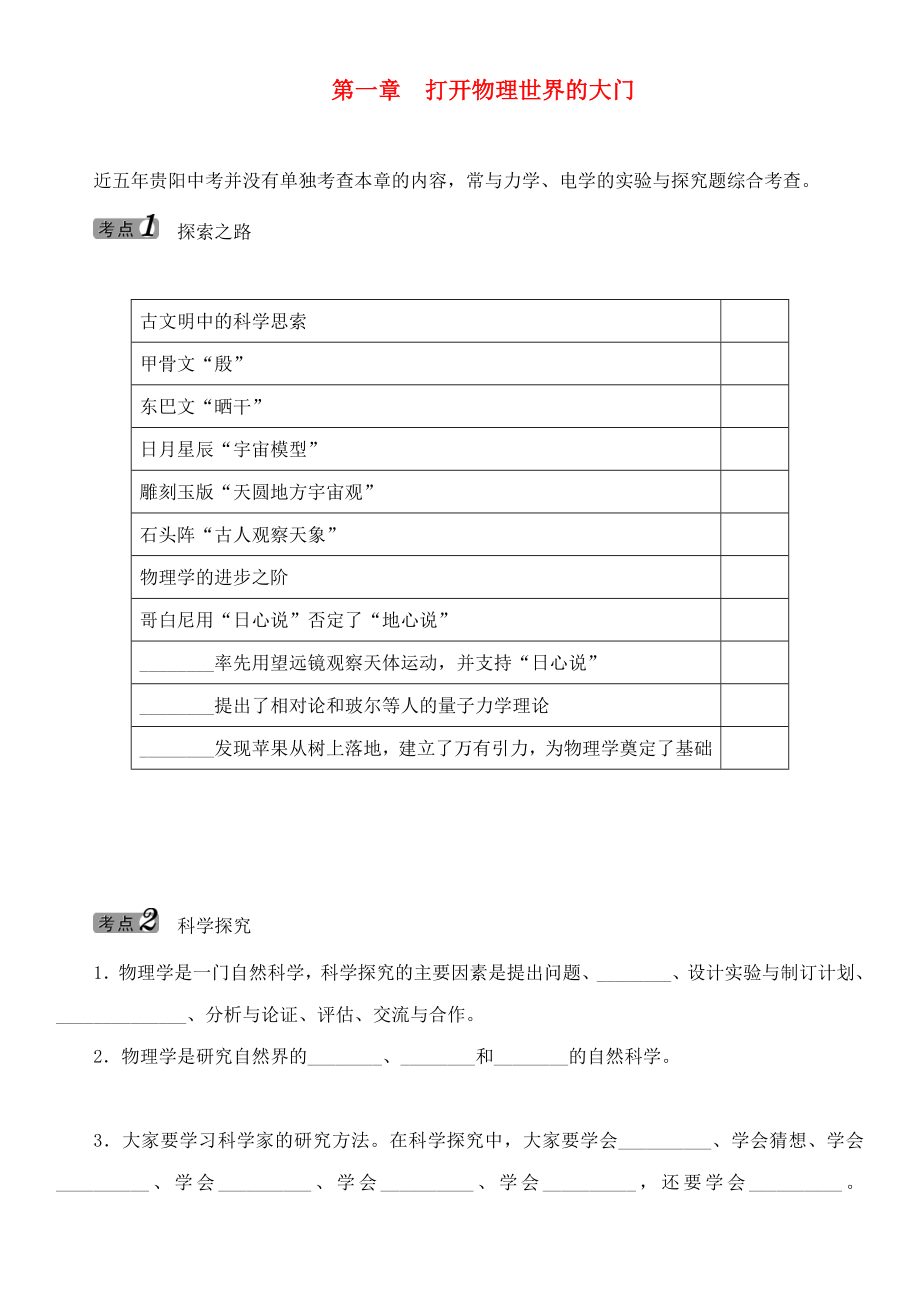 【中考命題研究】（貴陽）2020中考物理 教材知識梳理 第1章 打開物理世界的大門（無答案）_第1頁