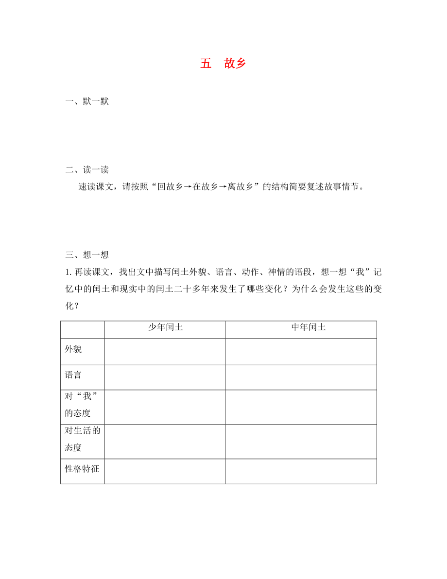 江蘇省句容市行香中學(xué)2020年秋九年級語文上冊 第二單元 5《故鄉(xiāng)》練習(xí)（無答案） 蘇教版_第1頁