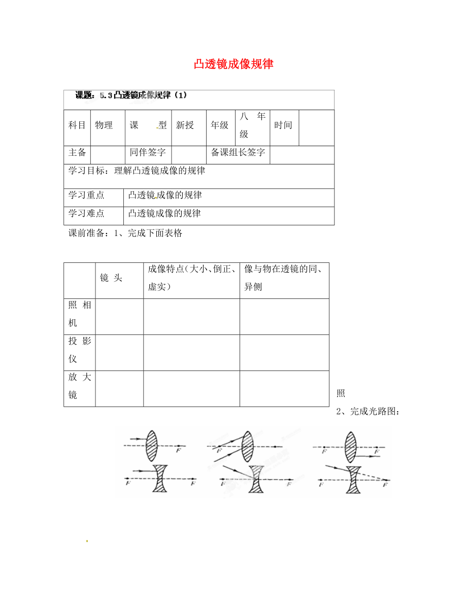 內(nèi)蒙古鄂爾多斯市杭錦旗城鎮(zhèn)中學(xué)八年級物理上冊 凸透鏡成像規(guī)律學(xué)案（1）（無答案） 新人教版_第1頁