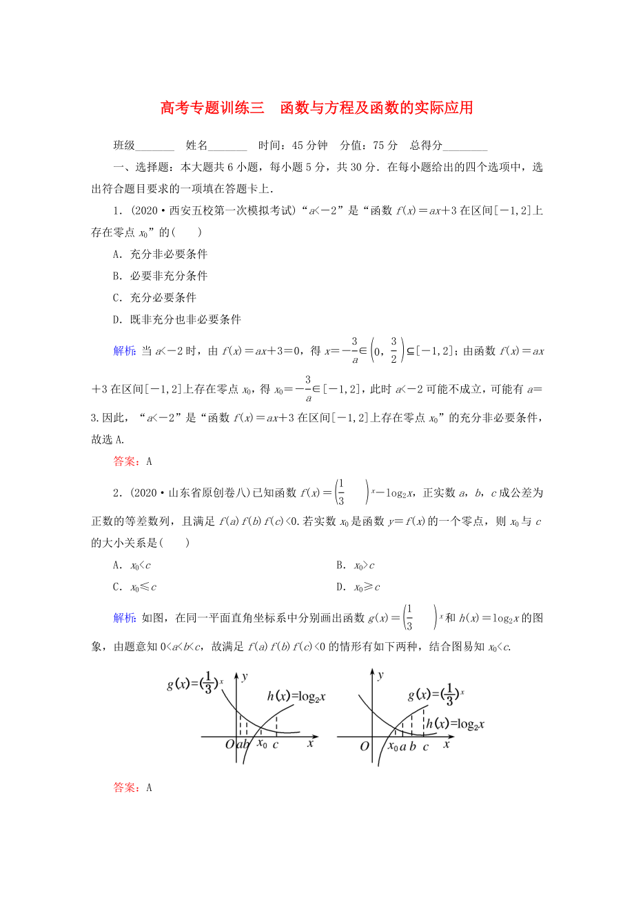 2020高考數(shù)學(xué) 專題練習(xí) 三 函數(shù)與方程及函數(shù)的實(shí)際應(yīng)用 文_第1頁(yè)