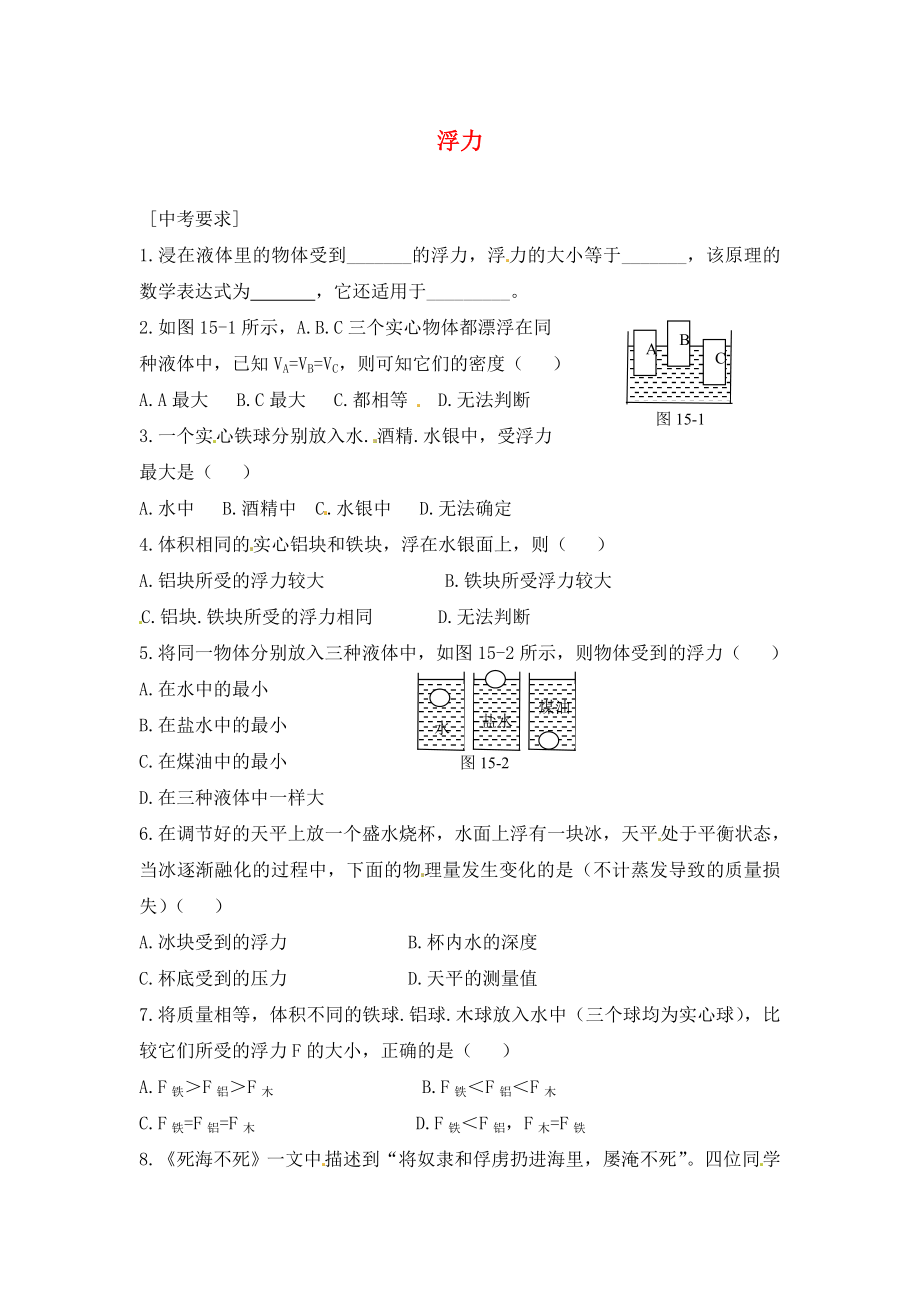 內(nèi)蒙古準(zhǔn)格爾旗第十中學(xué)2020屆中考物理一輪專題復(fù)習(xí) 22 浮力學(xué)案（無答案）_第1頁